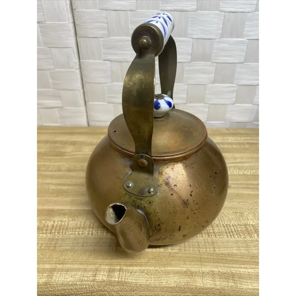 Vintage Copper Tea Kettle Teapot With Blue&White Porcelain Handle And Knob